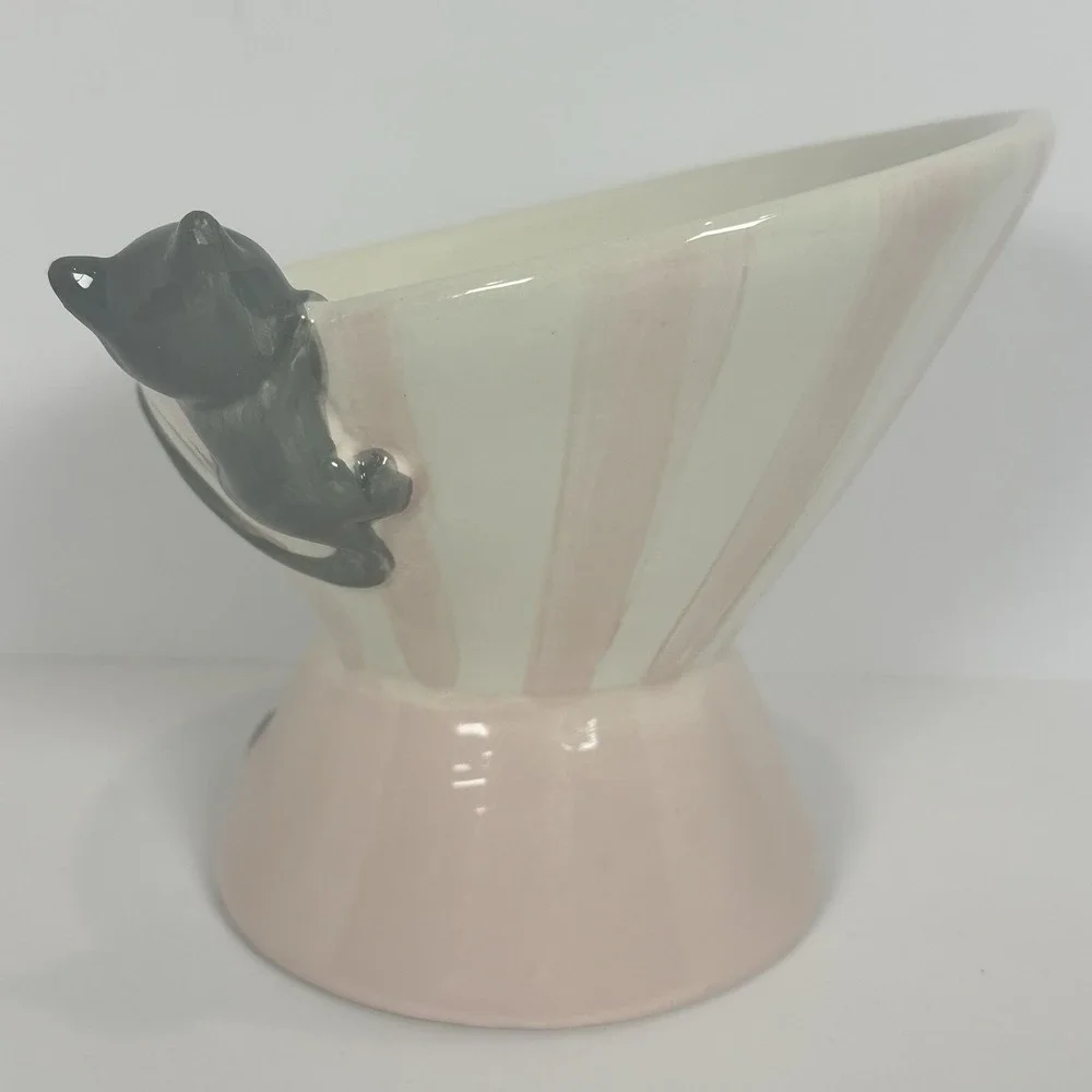 Mellow & Mod Cat Pedestal Bowl Pink Stripe Ceramic Raised Cat Food Dish